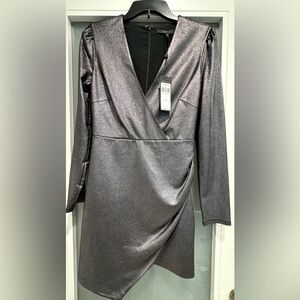 New with Tags: Metallic Silver Wrap-Front Dress